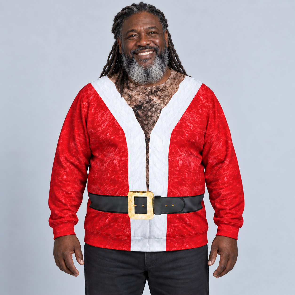 Black dad in his 50s wearing the printed red Santa sweater