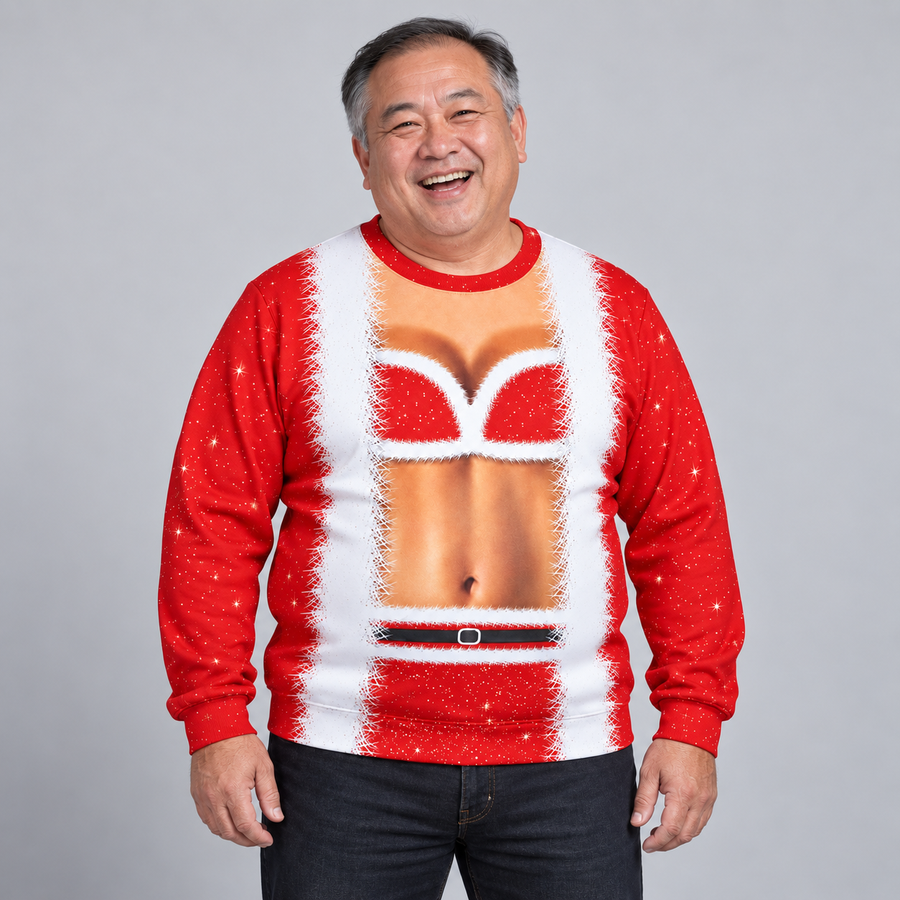 Dad in his 50s wearing the printed Santa outfit sweater