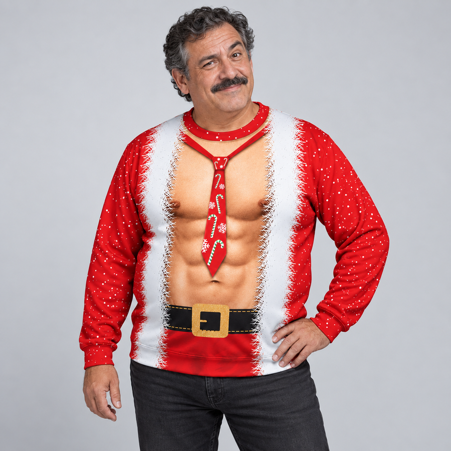 Dad in his 50s wearing the printed muscle Santa sweater