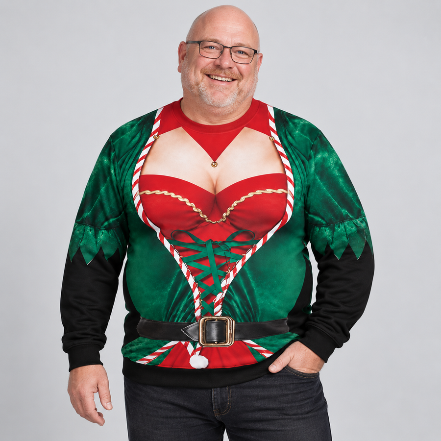 Dad in his 50s wearing the green Christmas illusion sweater