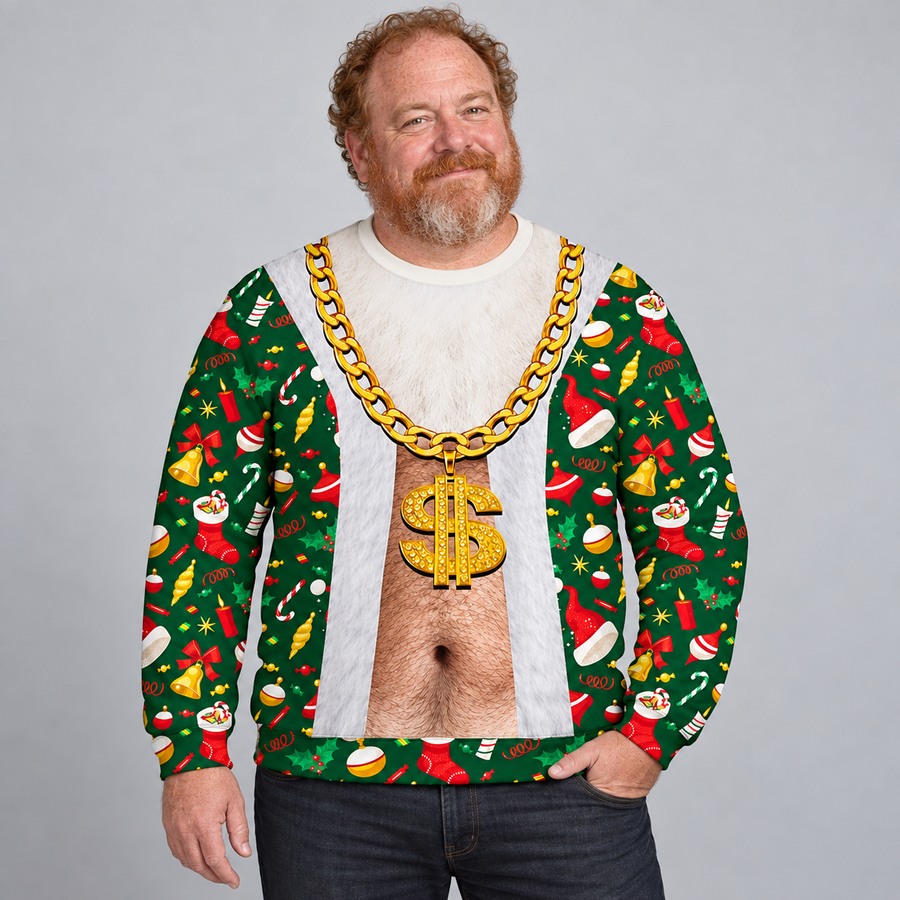 Dad in his 50s wearing the green gold-chain illusion sweater